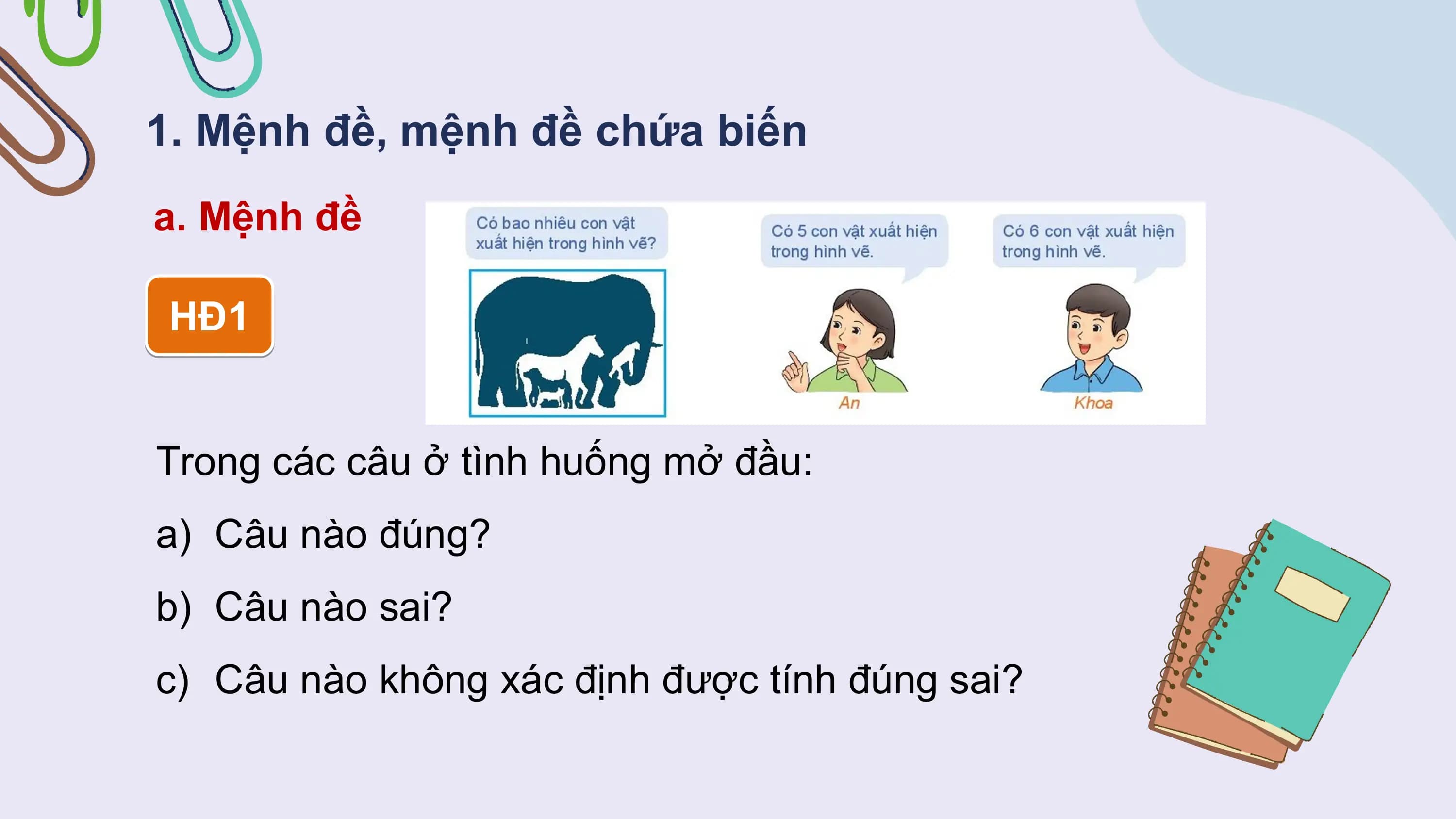 1. Mệnh đề, mệnh đề chứa biến
a. Mệnh đề

 HĐ1

Trong các câu ở tình huống mở đầu:
a) Câu nào đúng?
b) Câu nào sai?
c) Câu nào không xác định được tính đúng sai?