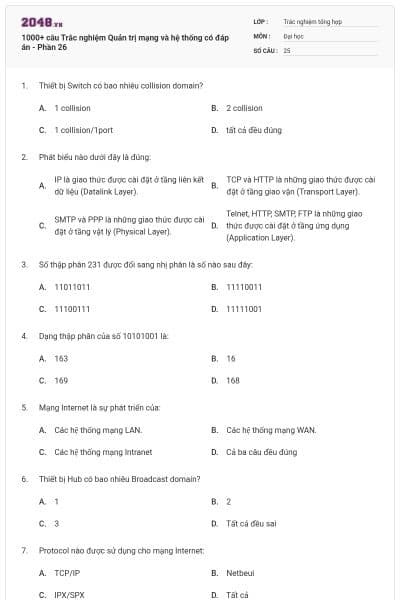 1000+ câu Trắc nghiệm Quản trị mạng và hệ thống có đáp án - Phần 26
