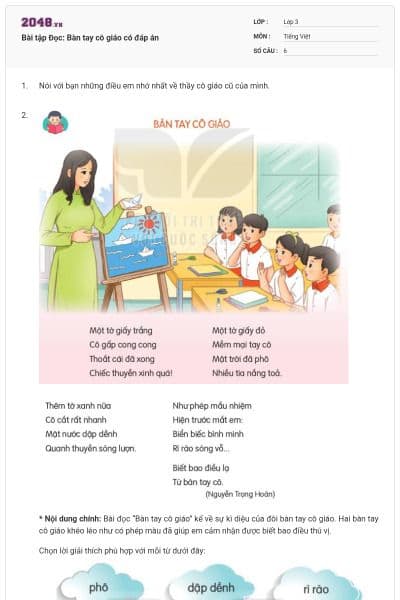 Bài tập Đọc: Bàn tay cô giáo có đáp án