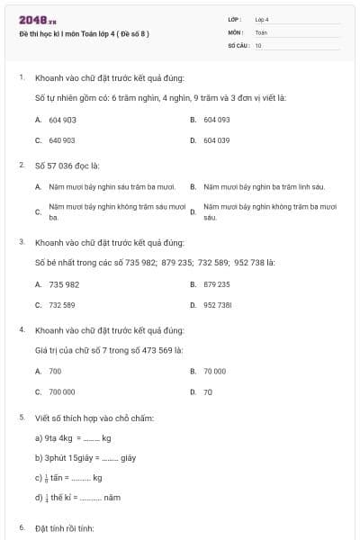 Đề thi học kì I môn Toán lớp 4 ( Đề số 8 )
