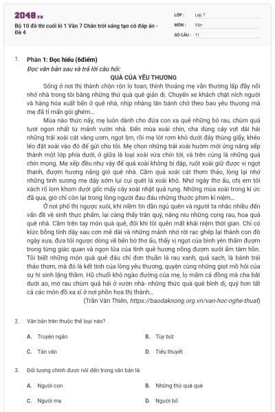 Bộ 10 đề thi cuối kì 1 Văn 7 Chân trời sáng tạo có đáp án - Đề 4