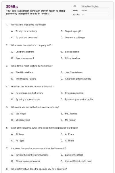 100+ câu Trắc nghiệm Tiếng Anh chuyên ngành hệ thống giao thông thông minh có đáp án - Phần 3