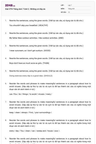 Giải VTH Tiếng Anh 7 Unit 2. Writing có đáp án
