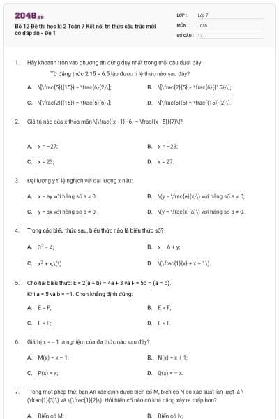 Bộ 12 Đề thi học kì 2 Toán 7 Kết nối tri thức cấu trúc mới có đáp án - Đề 1