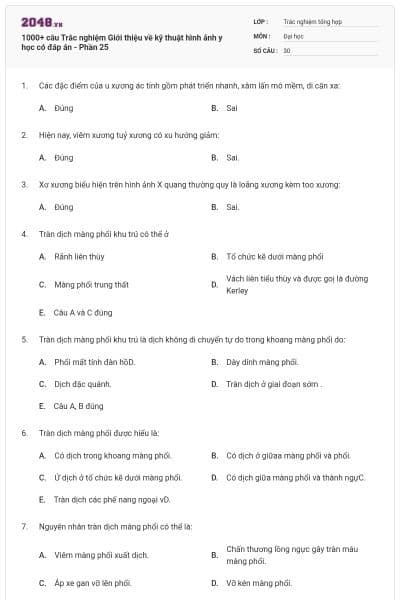 1000+ câu Trắc nghiệm Giới thiệu về kỹ thuật hình ảnh y học có đáp án - Phần 25