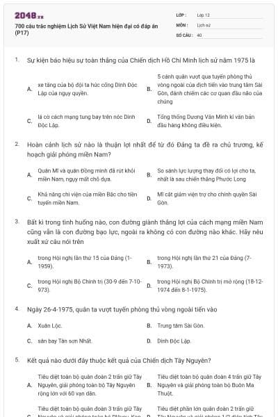 700 câu trắc nghiệm Lịch Sử Việt Nam hiện đại có đáp án (P17)
