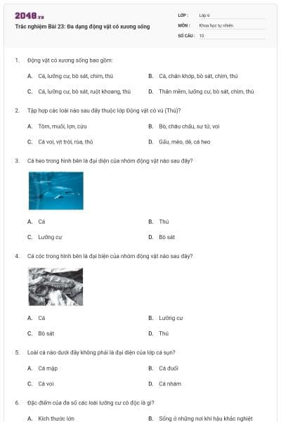 Trắc nghiệm Bài 23: Đa dạng động vật có xương sống