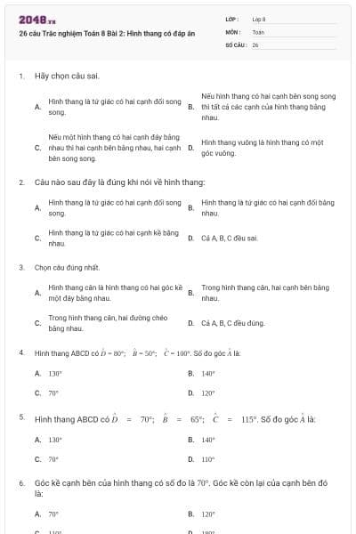 26 câu Trắc nghiệm Toán 8 Bài 2: Hình thang có đáp án
