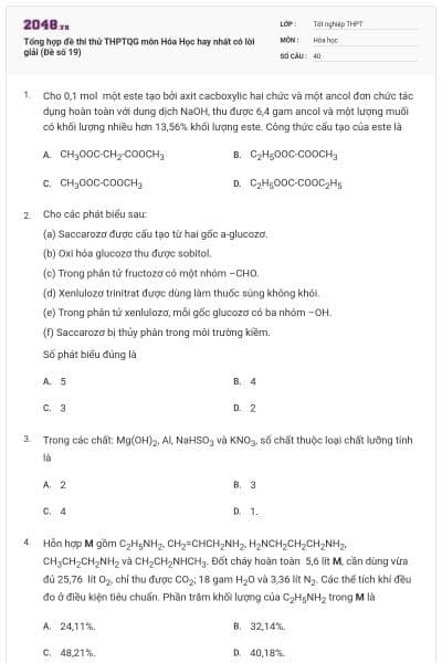 Tổng hợp đề thi thử THPTQG môn Hóa Học hay nhất có lời giải (Đề số 19)
