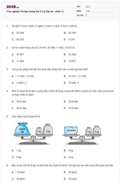 Trắc nghiệm Ôn tập chung lớp 3 (có đáp án - phần 1)