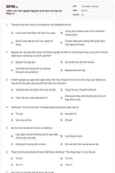 1000+ câu Trắc nghiệm Nguyên lý kế toán (có đáp án) - Phần 31