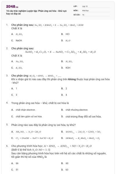 16 câu trắc nghiệm Luyện tập: Phản ứng oxi hóa - khử cực hay có đáp án