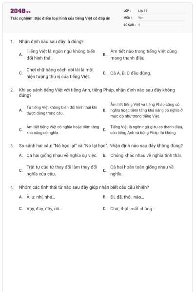 Trắc nghiệm: Đặc điểm loại hình của tiếng Việt có đáp án