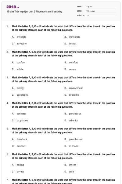 15 câu  Trắc nghiệm Unit 2 Phonetics and Speaking