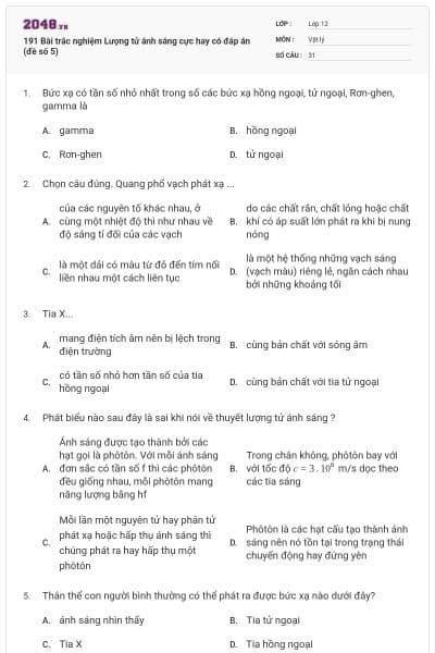 191 Bài trắc nghiệm Lượng tử ánh sáng cực hay có đáp án (đề số 5)