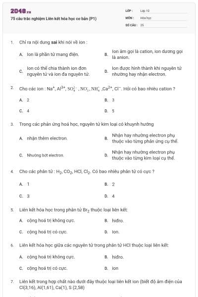 75 câu trắc nghiệm Liên kết hóa học cơ bản (P1)
