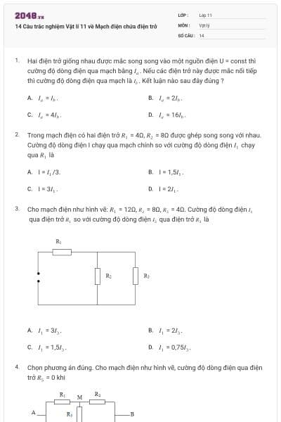 14 Câu trắc nghiệm Vật lí 11 về Mạch điện chứa điện trở