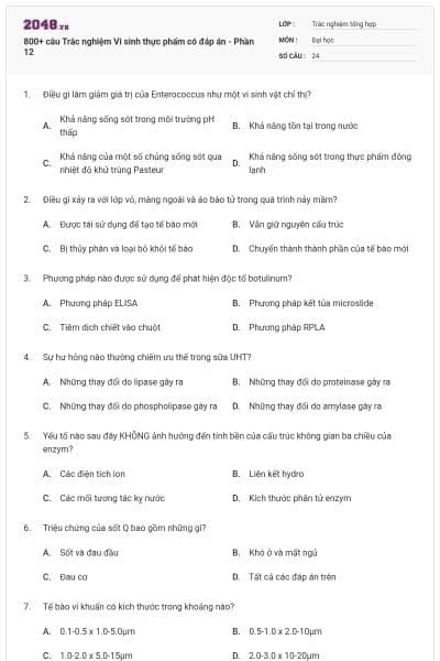800+ câu Trắc nghiệm Vi sinh thực phẩm có đáp án - Phần 12