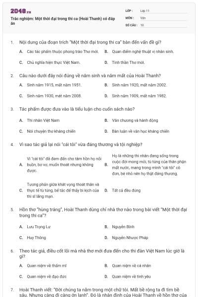 Trắc nghiệm: Một thời đại trong thi ca (Hoài Thanh) có đáp án