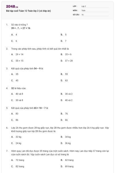Bài tập cuối Tuần 12 Toán lớp 2 (có đáp án)