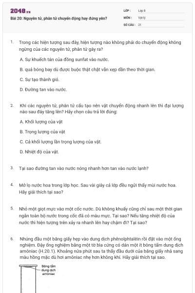 Bài 20: Nguyên tử, phân tử chuyển động hay đứng yên?