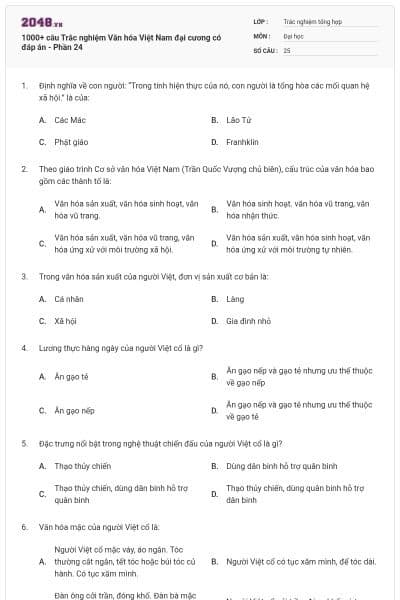 1000+ câu Trắc nghiệm Văn hóa Việt Nam đại cương có đáp án - Phần 24
