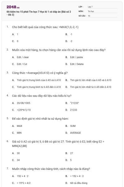 Đề kiểm tra 15 phút Tin học 7 Học kì 1 có đáp án (Bài số 2 - Đề 3)