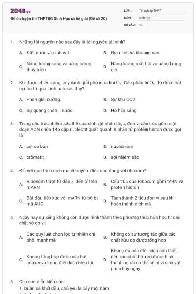 Đề ôn luyện thi THPTQG Sinh Học có lời giải (Đề số 20)