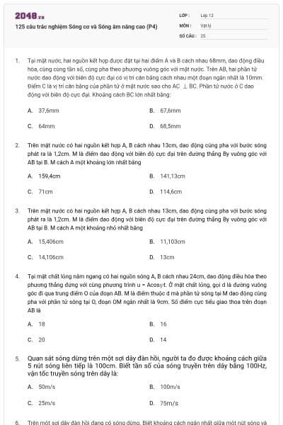 125 câu trắc nghiệm Sóng cơ và Sóng âm nâng cao (P4)