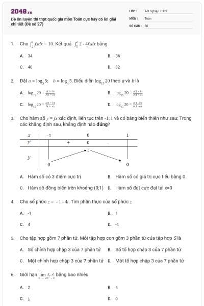Đề ôn luyện thi thpt quốc gia môn Toán cực hay có lời giải chi tiết (Đề số 27)