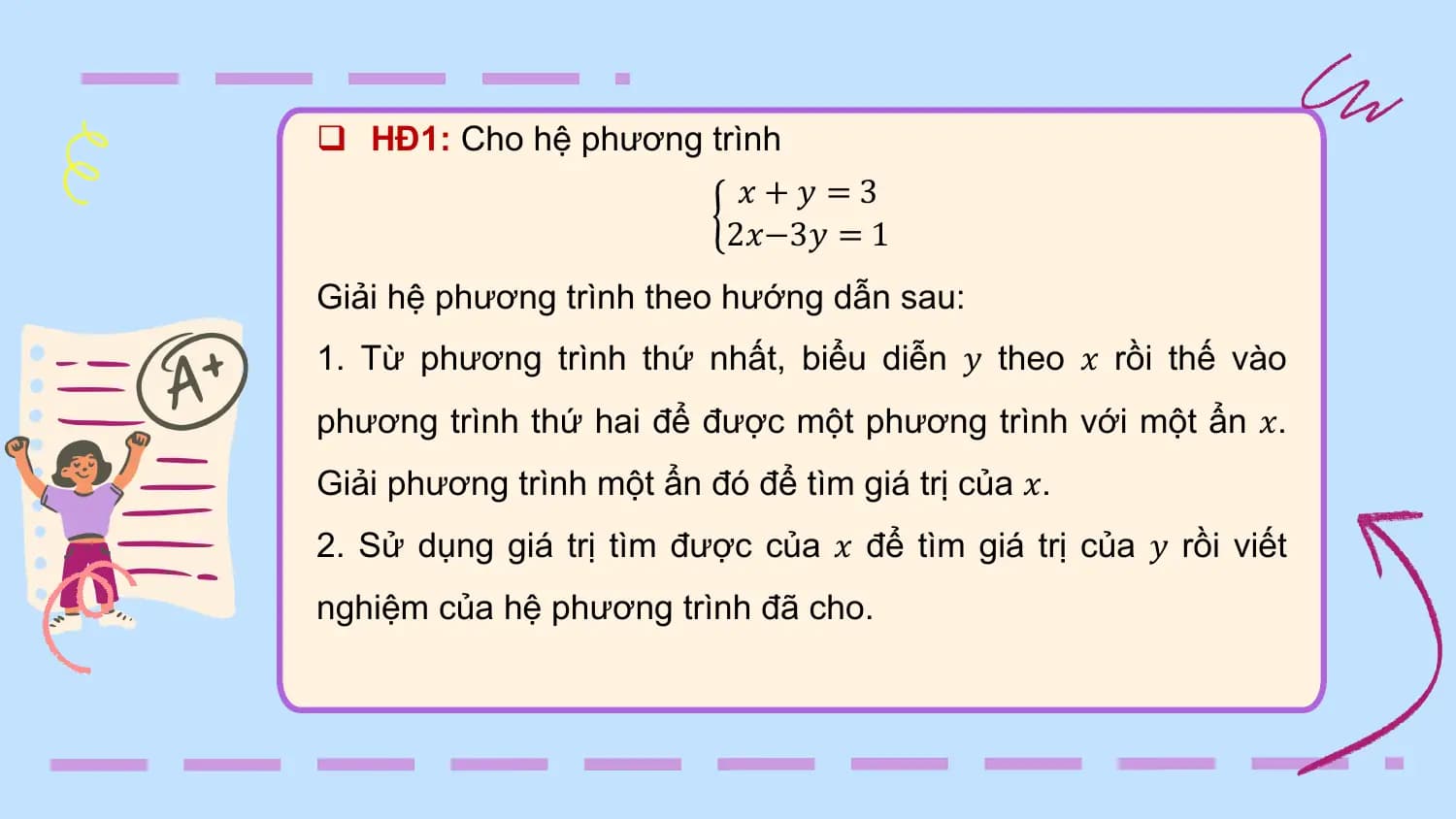 q HĐ1: Cho hệ phương trình
 𝑥+𝑦 =3
 2𝑥−3𝑦 = 1
Giải hệ phương trình theo hướng dẫn sau:
1. Từ phương trình thứ nhất, biểu diễn 𝑦 theo 𝑥 rồi thế vào
phương trình thứ hai để được một phương trình với một ẩn 𝑥.
Giải phương trình một ẩn đó để tìm giá trị của 𝑥.
2. Sử dụng giá trị tìm được của 𝑥 để tìm giá trị của 𝑦 rồi viết
nghiệm của hệ phương trình đã cho.