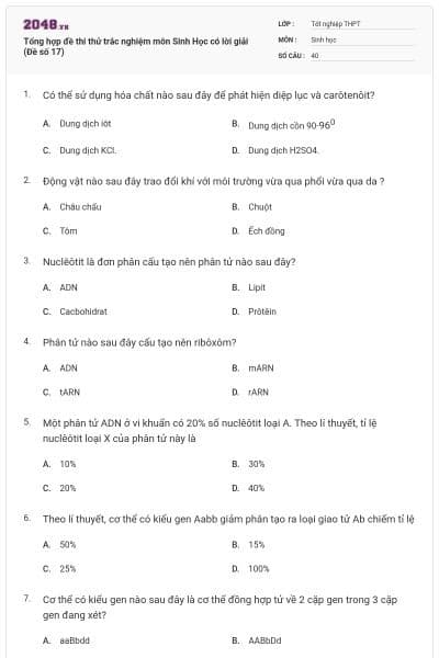 Tổng hợp đề thi thử trắc nghiệm môn Sinh Học có lời giải (Đề số 17)