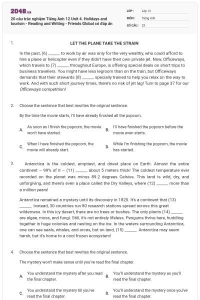 20 câu trắc nghiệm Tiếng Anh 12 Unit 4. Holidays and tourism - Reading and Writing - Friends Global có đáp án