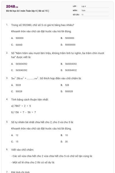 Đề thi học kì I môn Toán lớp 4 ( Đề số 15 )