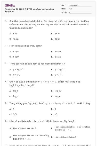 Tuyển chọn đề thi thử THPTQG môn Toán cực hay, chọn lọc (đề 5)