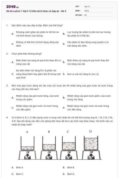 Đề thi cuối kì 1 Vật lí 12 Kết nối tri thức có đáp án - Đề 3