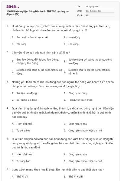 160 Bài trắc nghiệm Công Dân ôn thi THPTQG cực hay có đáp án (P4)
