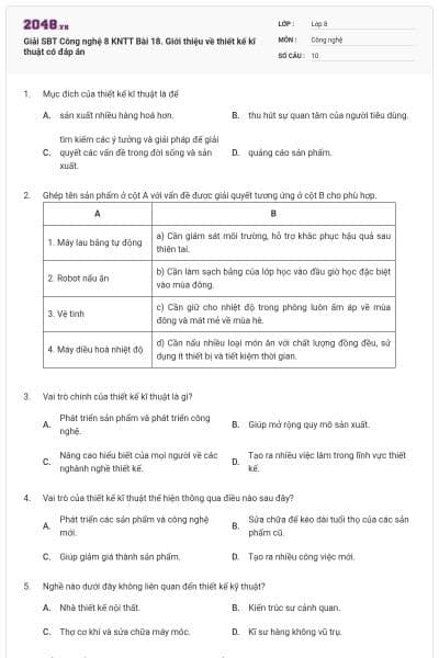 Giải SBT Công nghệ 8 KNTT Bài 18. Giới thiệu về thiết kế kĩ thuật có đáp án