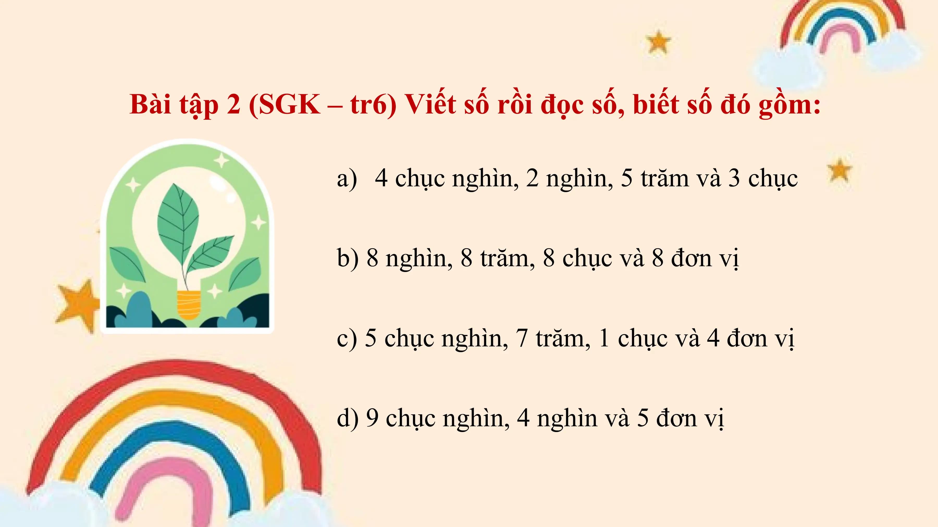 Bài tập 2 (SGK – tr6) Viết số rồi đọc số, biết số đó gồm:

 a) 4 chục nghìn, 2 nghìn, 5 trăm và 3 chục

 b) 8 nghìn, 8 trăm, 8 chục và 8 đơn vị

 c) 5 chục nghìn, 7 trăm, 1 chục và 4 đơn vị

 d) 9 chục nghìn, 4 nghìn và 5 đơn vị