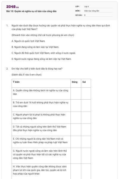 Bài 10: Quyền và nghĩa vụ cở bản của công dân