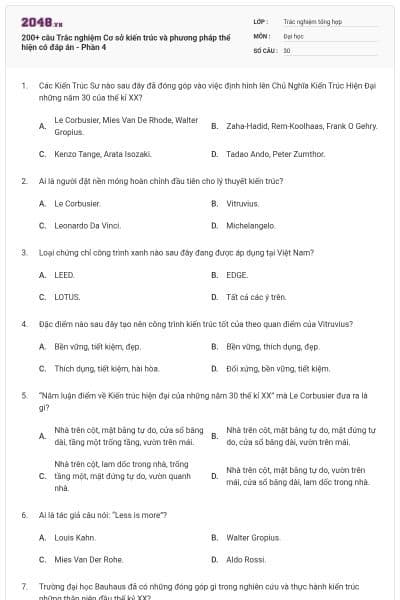 200+ câu Trắc nghiệm Cơ sở kiến trúc và phương pháp thể hiện có đáp án - Phần 4