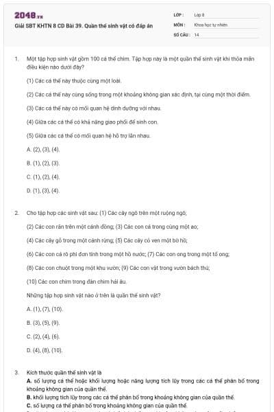 Giải SBT KHTN 8 CD Bài 39. Quần thể sinh vật có đáp án