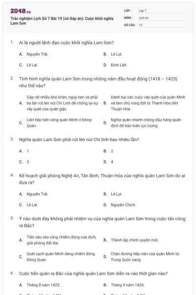 Trắc nghiệm Lịch Sử 7 Bài 19 (có đáp án): Cuộc khởi nghĩa Lam Sơn