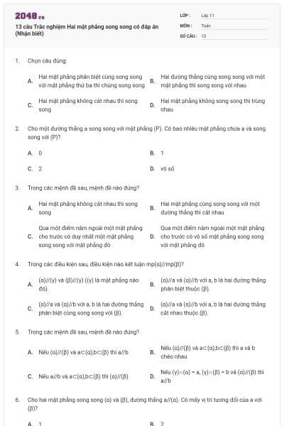 13 câu Trắc nghiệm Hai mặt phẳng song song có đáp án (Nhận biết)