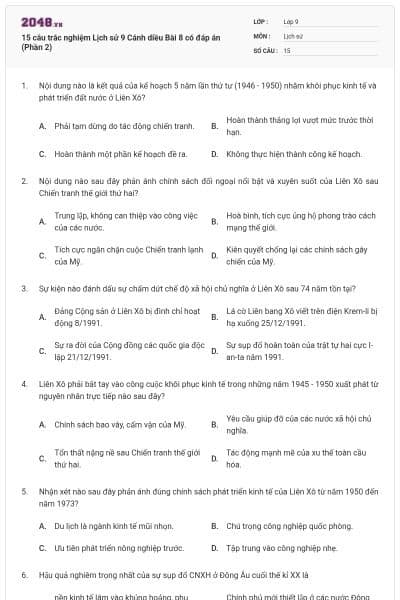 15 câu trắc nghiệm Lịch sử 9 Cánh diều Bài 8 có đáp án (Phần 2)