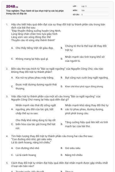 Trắc nghiệm: Thực hành về lựa chọn trật tự các bộ phận trong câu có đáp án