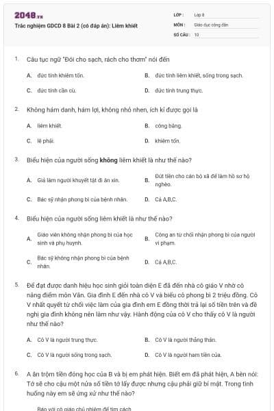 Trắc nghiệm GDCD 8 Bài 2 (có đáp án): Liêm khiết