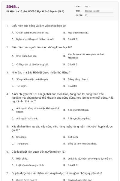 Đề kiểm tra 15 phút GDCD 7 Học kì 2 có đáp án (Đề 1)