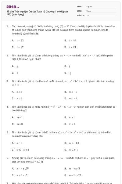35 câu  Trắc nghiệm Ôn tập Toán 12 Chương 1 có đáp án (P2) (Vận dụng)