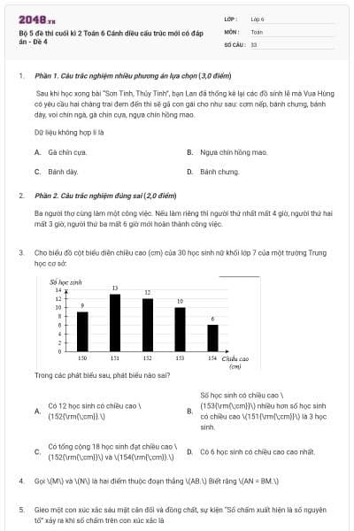 Bộ 5 đề thi cuối kì 2 Toán 6 Cánh diều cấu trúc mới có đáp án - Đề 4